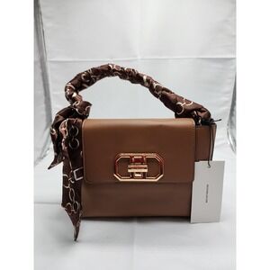 NWT Nicole Miller New York Womens Leather Shoulder Bag Tan Scarf Accent Medium